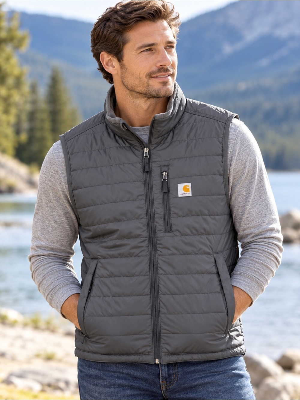 Carhartt Men’s Gray Quilted Puffer Vest Full Zip Insulated Outdoor Workwear